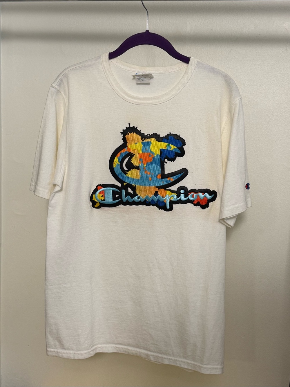 M Champion White Short-Sleeve Tee with Colorblock Logo